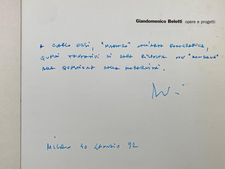 Architetture di Giandomenico Belotti, La dedica di Giandomenico Belotti a Carlo Orsi all'interno del libro Giandomenico Belotti. Opere e progetti